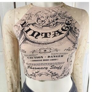 Pink Pastel Goth Vintage Caution Label Crop Tee w/Mesh Bell Sleeves Size Small